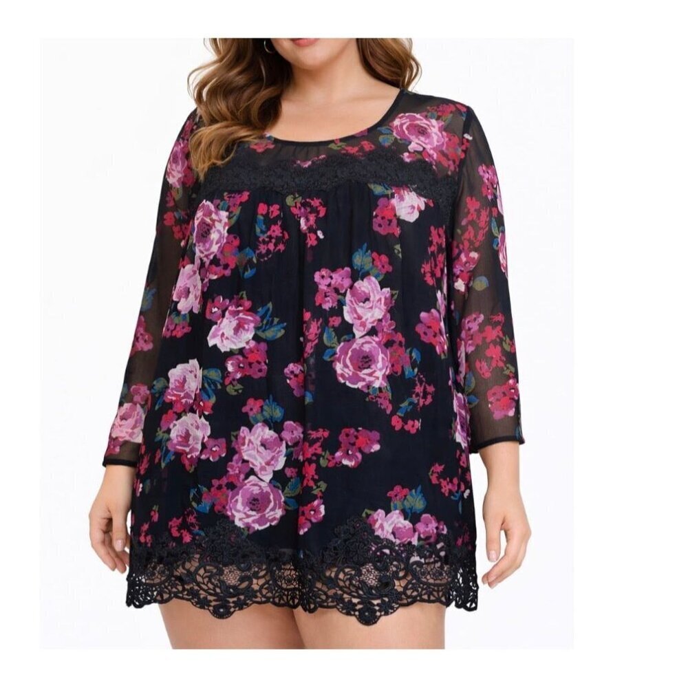 Lane Bryant top blouse plus size 18 black floral print 3/4 sleeve career*